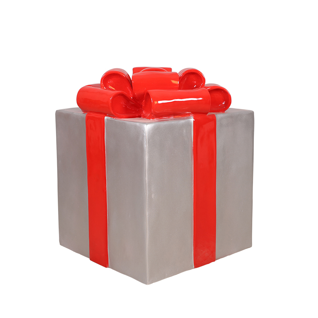 Cadeaudoos decoratieobject (Medium - Zilver met rode strik)