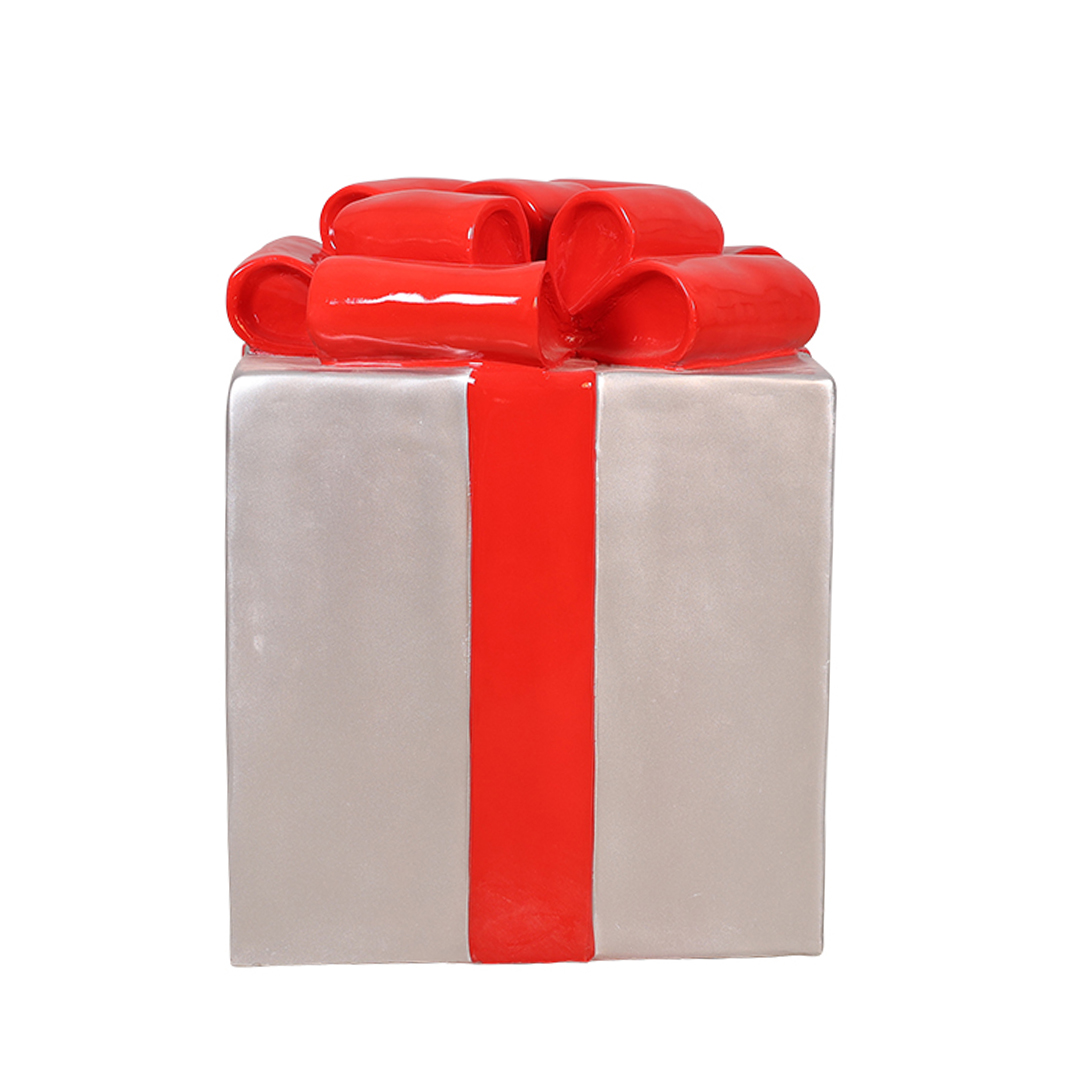 Cadeaudoos decoratieobject (Medium - Zilver met rode strik) - Afbeelding 2