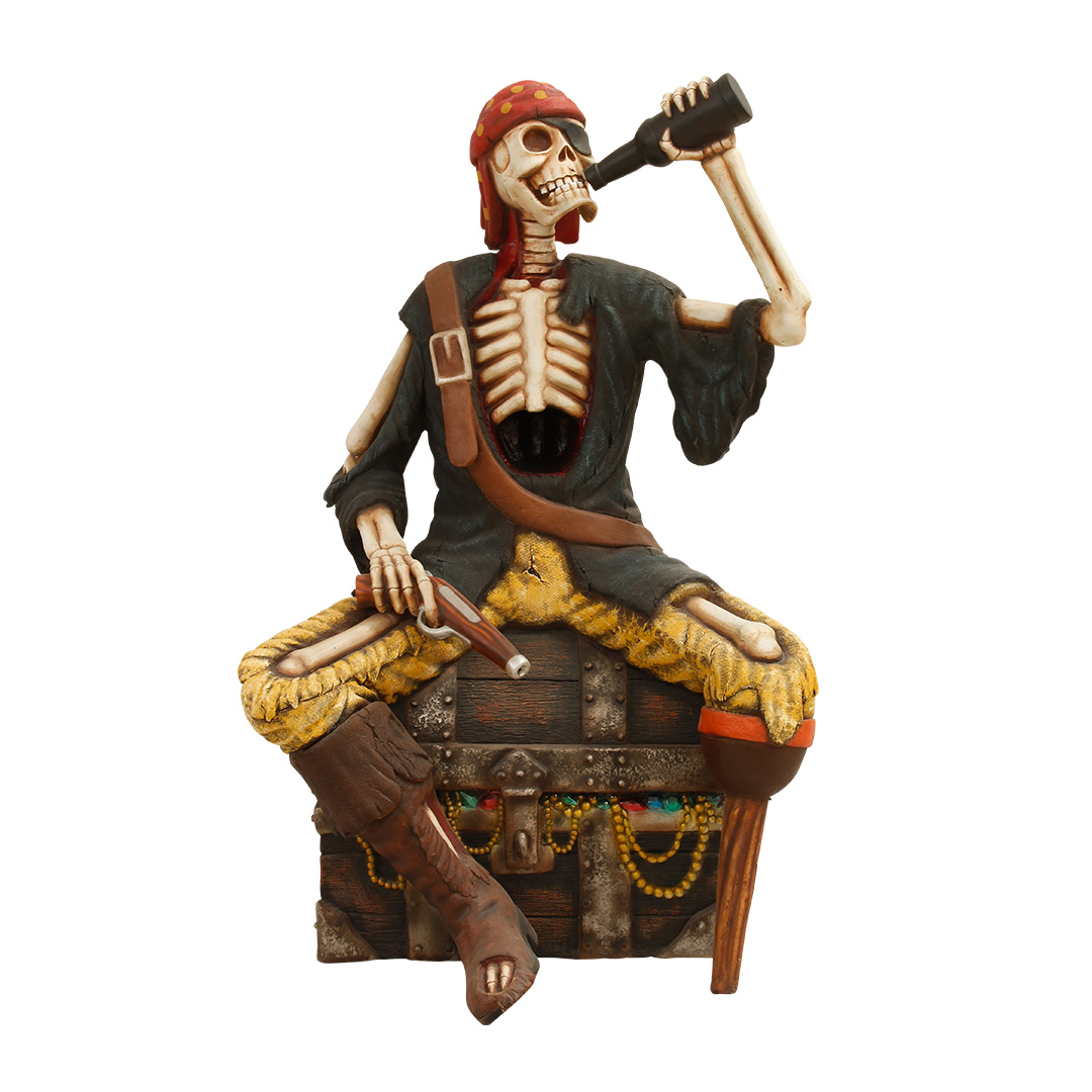 Skeletten piraat zitten op een schatkist